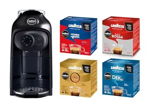 Lavazza, A Modo Mio Macchina per Caffè Idola Nera con 64 Capsule A Modo Mio Assortite, Macchina per Espresso Compatta e Silenziosa, 1500 W, 220-240 V, 50/60 Hz, Capacità Max 1.1 Litri d'Acqua