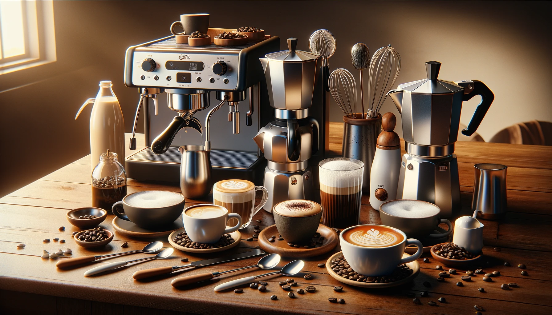 Accessori per il caffe:un tavolo con un montalattte manuale, montalatter elettrico, una moka, tazze per cappuccino e caffe