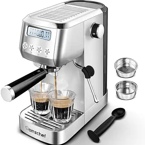 AMZCHEF Macchina Caff&egrave; e Cappuccino 20 Bar | Macchina Caff&egrave; in Polvere Semiprofessionale | 1350W Macchina Caff&egrave; con Serbatoio Estraibile 1,3L, Portafiltro Singoli e Doppi Tazza 2 In 1 per Espresso