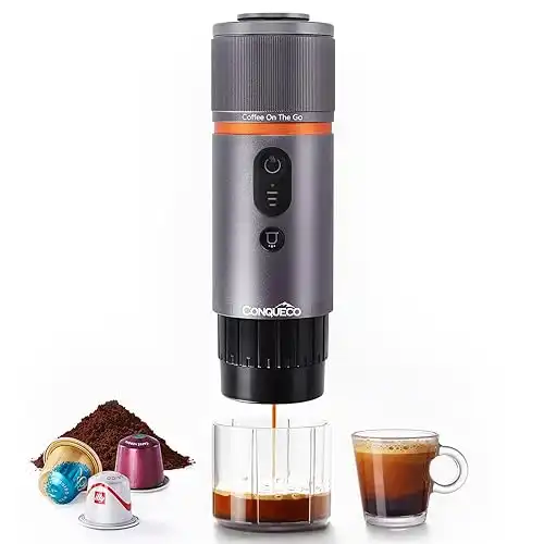 CONQUECO Macchina da Caffè Espresso Portatile - Caffettiera Elettrica da Viaggio con Batteria - per 12V Auto e Camion e Campeggio - Compatibile con la Capsula Nespresso e la Capsula L'or