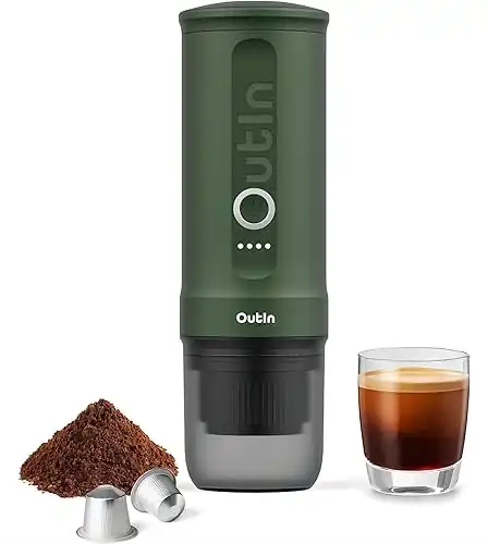 Outin Nano Macchina da caffè espresso elettrica portatile, caffettiera da viaggio per il campeggio, caffettiera da auto auto-riscaldamento con USB-C, con caffè macinato e capsula NS