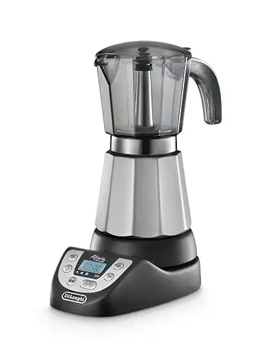 De'Longhi Alicia PLUS EMKP63.B Caffettiera Moka Elettrica 3-6 Tazze, Caffè caldo per 30 minuti, Funzione ORZO, Spegnimento automatico, Risparmio energetico, Facile da usare e da pulire, Nero/Arg...