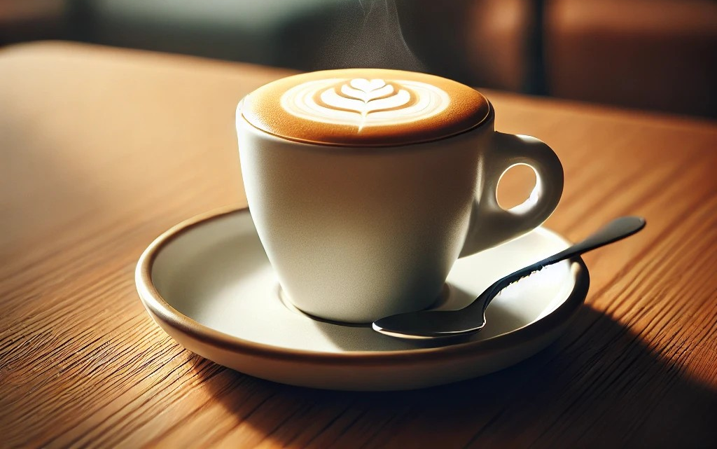 Caffè Macchiato 1 un caffe macchiato con un fiore disegnato sul latte