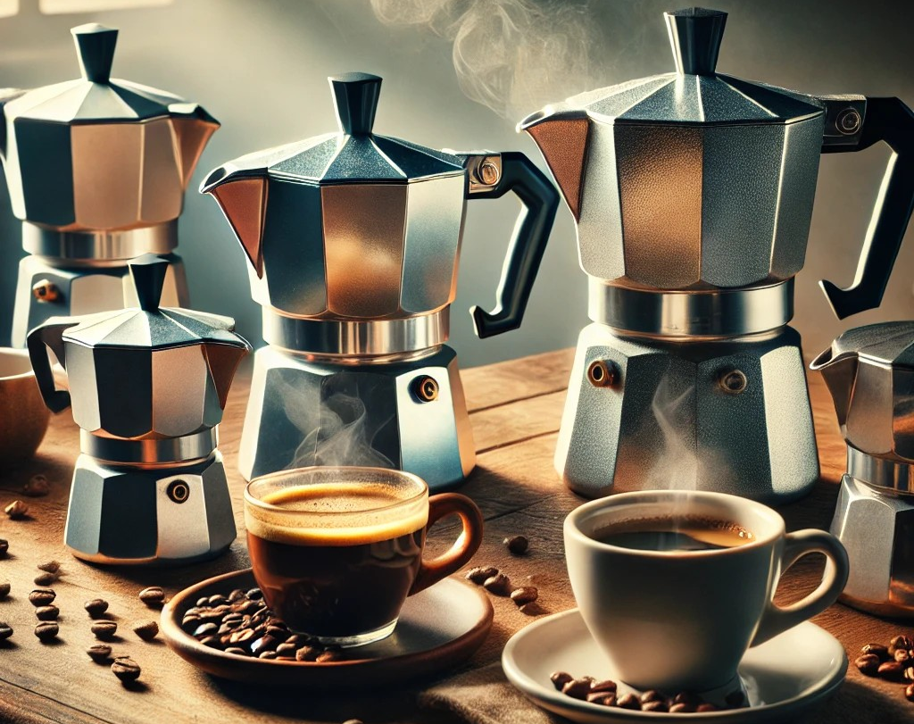 tre o quattro moka su un tavolo con un paio di tazzine di caffe